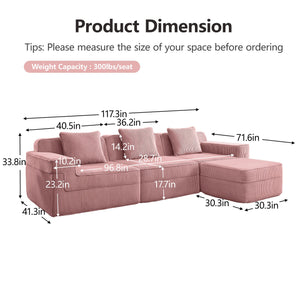 English Elm Modular 3-Seat L-Shape Sectional Sofa In Plush Corduroy - Versatile, No-Assembly Couch With Ottoman! W3041S00339