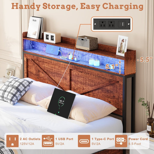 English Elm Queen-size Platform Bed with Led Headboard Storage Footboard and Built-in Charging Brown W5026P429527
