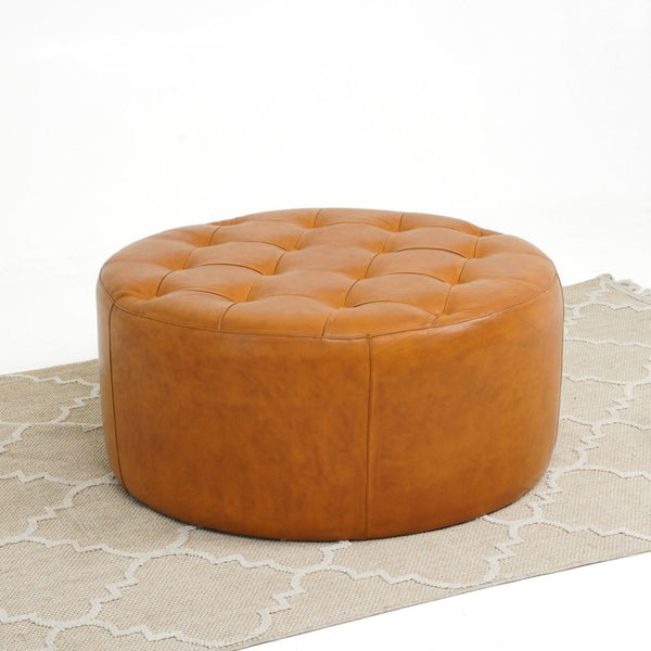English Elm Seletar Round Genuine Leather Tufted Ottoman Glam Living Room Footrest Seating B183P231929