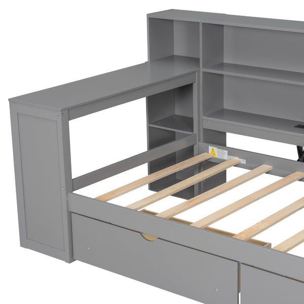 English Elm Wood Twin Size Platform Bed With Storage, Usb Charging, Desk, Led Lighting & Upholstered Headboard N7090001046E-GIGA