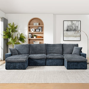 English Elm 142" Cloud Sectional Sofa with 52" Chaise U-Shaped Modular Deep Seat Plush Chenille No Assembly Blue W1117S00237