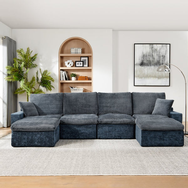 English Elm 142" Cloud Sectional Sofa with 52" Chaise U-Shaped Modular Deep Seat Plush Chenille No Assembly Blue W1117S00237