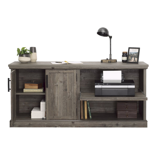 English Elm Credenza, Brown finish with adjustable shelves, concealed double-door storage, durable 1" top for display and workspace B356P367755