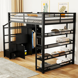 English Elm Full Full Size Metal Loft Bed with Storage Staircase, Shelves, Wardrobe & Guard Rail, Black 70" GX000664AAB
