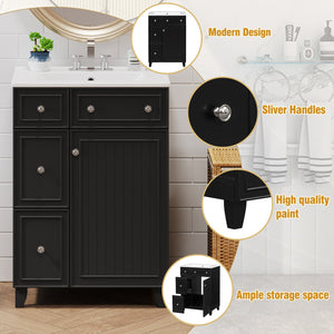 English Elm 24-Inch Bathroom Vanity Cabinet with Ceramic Sink, Space-Saving Storage, Solid Wood Feet, Durable Finish Black WF532034AAB