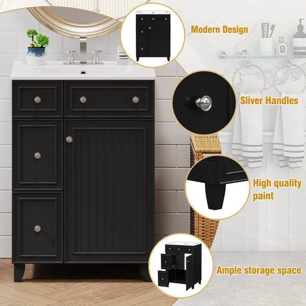 English Elm 24-Inch Bathroom Vanity Cabinet with Ceramic Sink, Space-Saving Storage, Solid Wood Feet, Durable Finish Black WF532034AAB