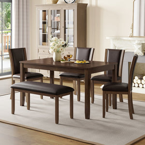English Elm 6-Piece Farmhouse Dining Table Set With Bench & Chairs, Rustic Dark Walnut Finish For 6 People W1998S00065