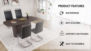 English Elm 63 Inch Mdf Dining Table Set with Four Pu Leather Chairs Silver Metal Legs Modern Brown+Black W2189S00885
