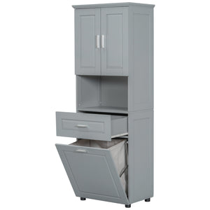 English Elm Tall Bathroom Cabinet with Tilt-Out Laundry Hamper, Adjustable Shelves, Anti-Tip Design & Large Storage Grey WF323481AAE