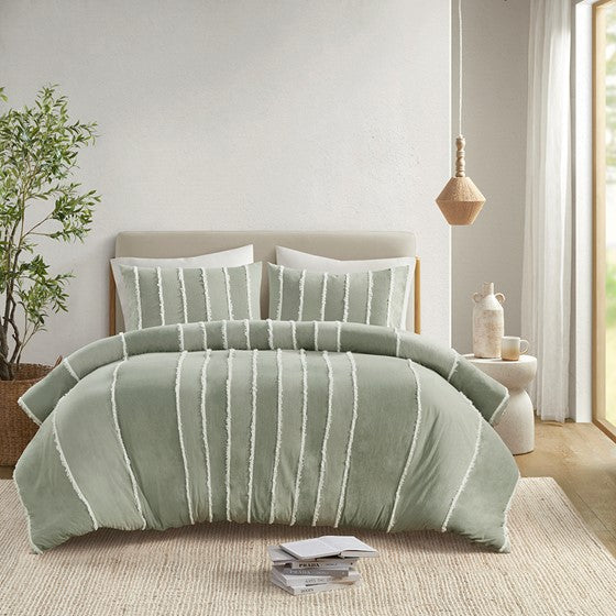 English Elm King/Cal King Boho Striped Cotton Duvet Cover Set with Green Jacquard Trim, OEKO-TEX, Machine Washable B035P217806