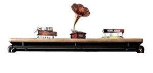 English Elm Industrial TV Console Bridge 68.9"W Metal Pipe Frame with Wood Shelf, Antique Black & Natural Finish, Spacious Storage B2741P362553