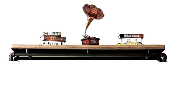 English Elm Industrial TV Console Bridge 68.9"W Metal Pipe Frame with Wood Shelf, Antique Black & Natural Finish, Spacious Storage B2741P362553