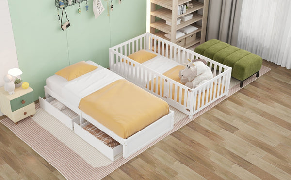 English Elm Twin Pinewood Daybed with Fence Guardrails Two Storage Drawers and Split Floor Bed White LP200881AAK
