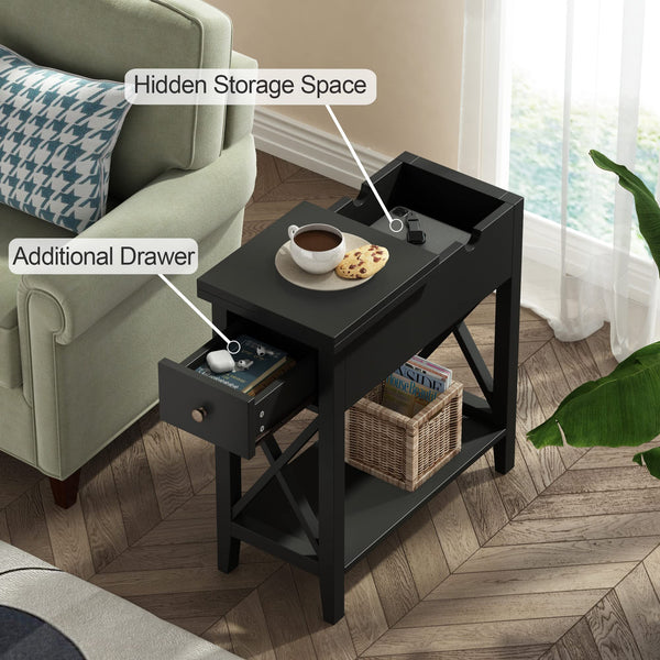 English Elm 2-Drawer Flip Top End Table with Drawer and Shelf, Narrow Accent Nightstand for Small Spaces Black T3771P356720