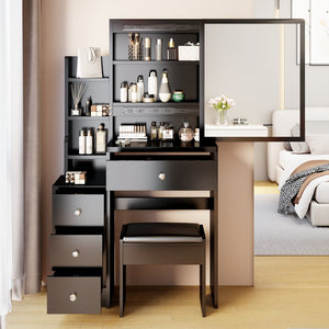 English Elm 29.2" Small Space Bedside Vanity Table with Cushioned Stool, Sliding Right Mirror, Multi-Layer Storage Organizing Dresser Black W936P176298