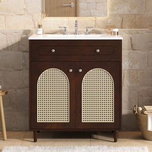 English Elm 30" Rattan Front Bathroom Vanity Solid Pine Cabinet with Ceramic Sink and Adjustable Shelf Walnut N710P293988P