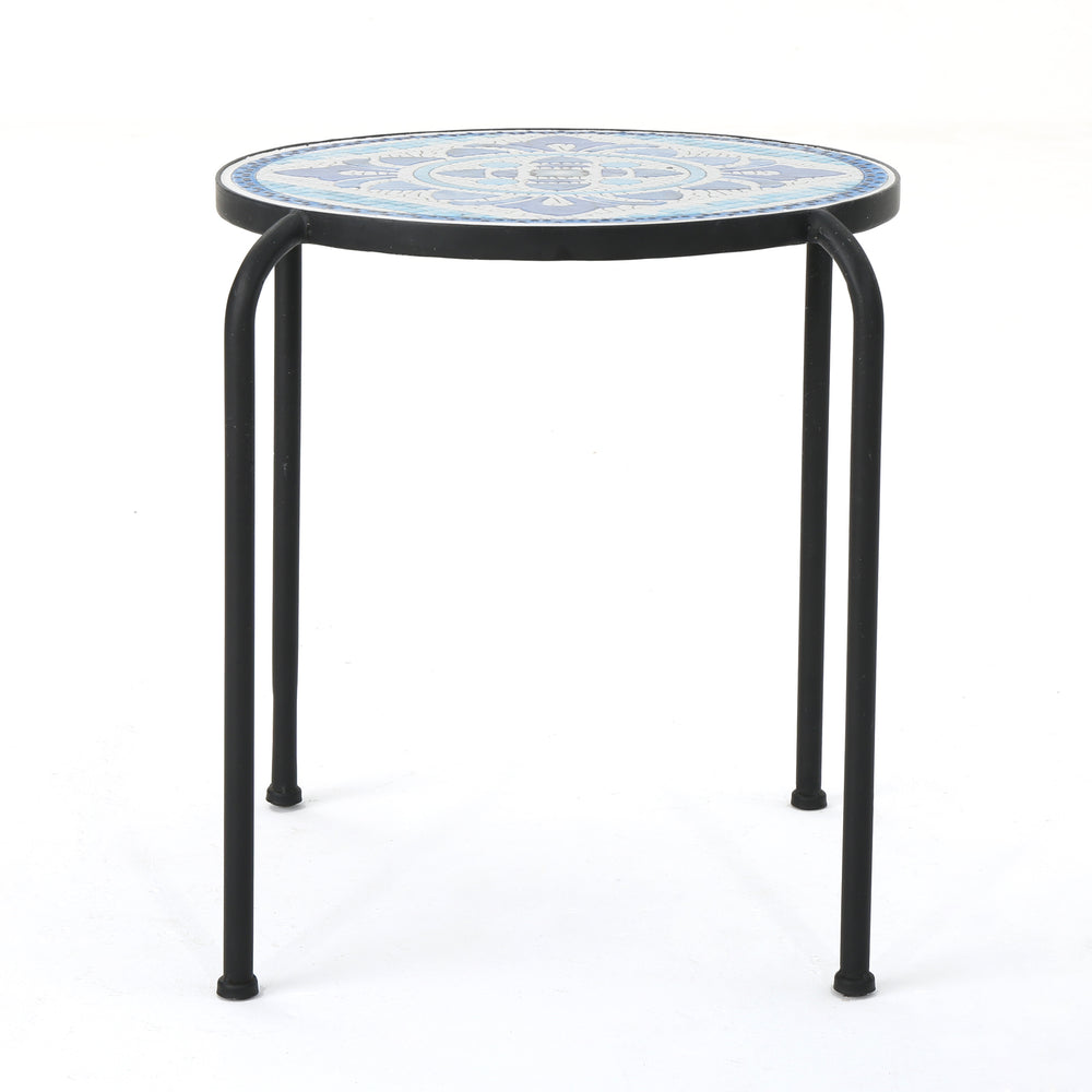 English Elm Christopher Knight Home® - SKYE Ceramic Tile End Table with Blue White Mosaic Top and Black Iron Arched Legs for Patio Chic 61301.00
