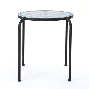English Elm Christopher Knight Home® - SKYE Ceramic Tile End Table with Blue White Mosaic Top and Black Iron Arched Legs for Patio Chic 61301.00