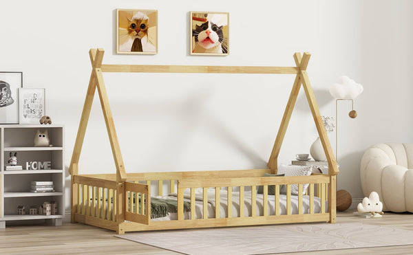 English Elm Twin Tent-Shaped Floor Bed With Guardrails, Playful Design, Natural Wood Finish, Safe & Cozy Space W504P345783-GIGA