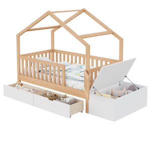 English Elm Toddler Playhouse Bed Solid Pine Frame with Storage Drawers Safety Gate Kids Room N899P429858N