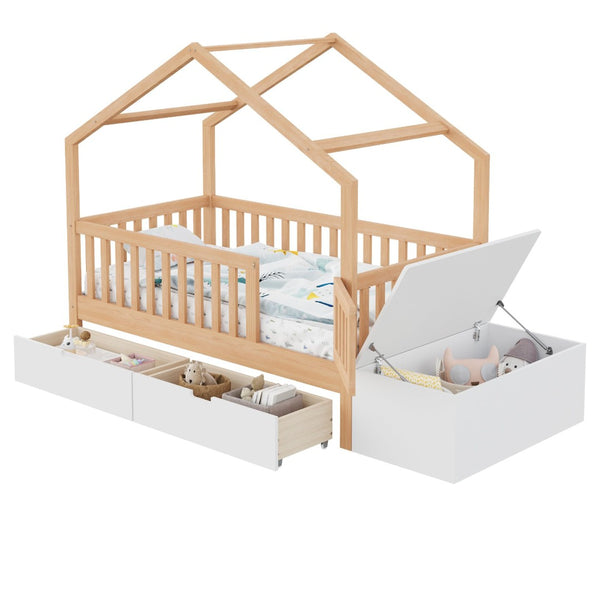 English Elm Toddler Playhouse Bed Solid Pine Frame with Storage Drawers Safety Gate Kids Room N899P429858N