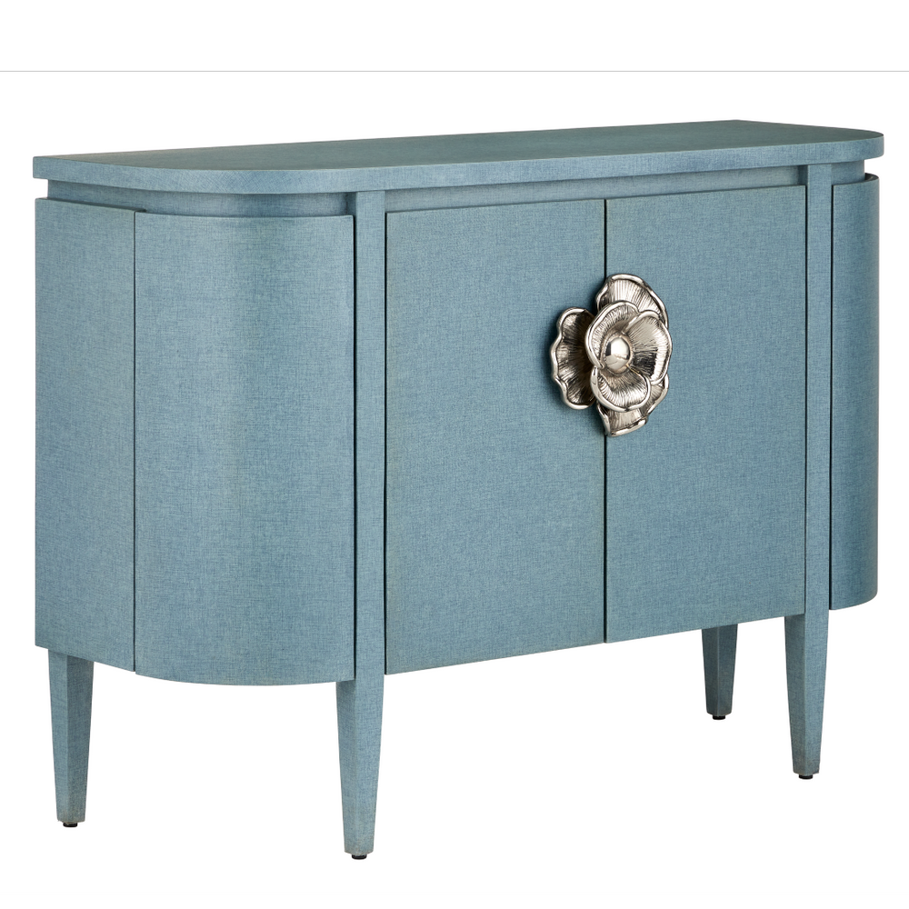Briallen Blue Demi-Lune Cabinet - Elegant Lacquered Storage with Polished Nickel Floral Details