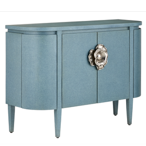 Briallen Blue Demi-Lune Cabinet - Elegant Lacquered Storage with Polished Nickel Floral Details