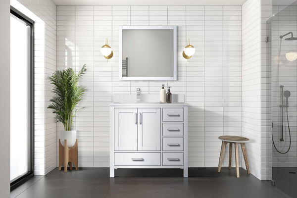 English Elm White 36 in. Bath Vanity with Left Offset White Quartz Top, Faucet Set, Soft-Close Drawers & Storage B2731P259019