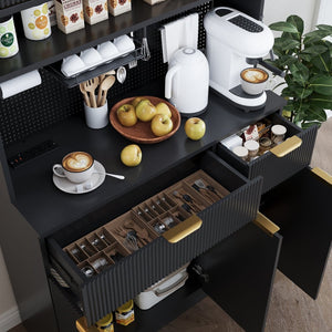 English Elm Pantry Hutch with Fluted Mdf Panels Charging Station Pegboard and Open Shelving T3773P416035