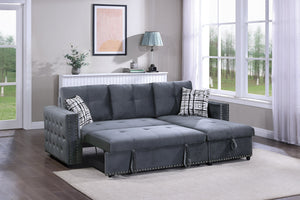 English Elm Gray Velvet Convertible Sectional Sofa with Pull-Out Bed, Reversible Storage Chaise, Tufted Elegance B011S01024