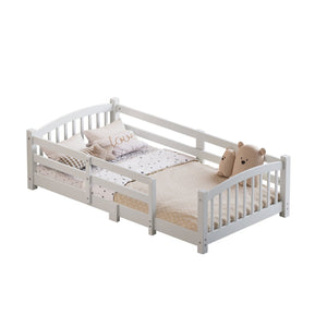 English Elm Twin Montessori Floor Bed Solid Pine Frame with Safety Guardrails for Kids Bedroom White N733P400298K