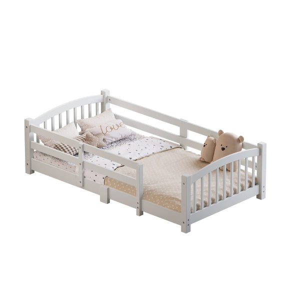 English Elm Twin Montessori Floor Bed Solid Pine Frame with Safety Guardrails for Kids Bedroom White N733P400298K