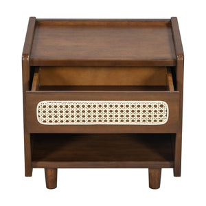 English Elm Black Rattan Panel Nightstand with Open Shelf Drawer Mdf Modern Bedroom Storage N770P374577D