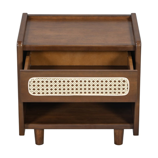 English Elm Black Rattan Panel Nightstand with Open Shelf Drawer Mdf Modern Bedroom Storage N770P374577D