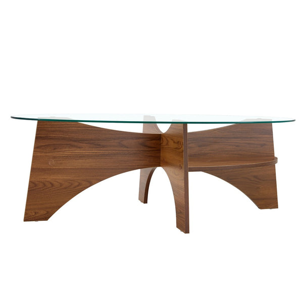English Elm Oval Tempered Glass Coffee Table with Wood Grain Legs and Built-in Fan Tray Shelf W1151P256008