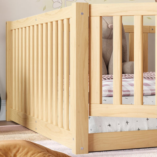 English Elm Twin Floor Bed Pine Wood Frame with Guardrails and Door for Safe Toddler Sleep Natural W1580P417671