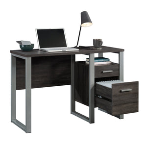 English Elm Desk, Engineered Wood Home Office Desk with Large Work Surface, Cubbyhole & Adjustable Shelf, Compact Durable Design, Easy Assembly, Qi-Ready Dark Brown B356P354458