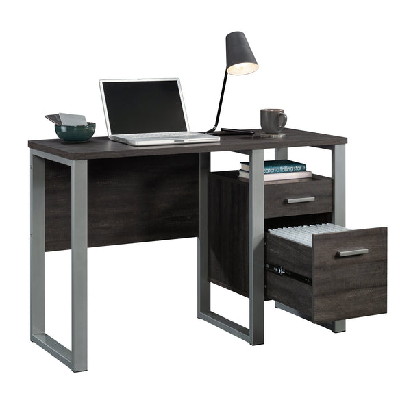 English Elm Desk, Engineered Wood Home Office Desk with Large Work Surface, Cubbyhole & Adjustable Shelf, Compact Durable Design, Easy Assembly, Qi-Ready Dark Brown B356P354458