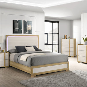 English Elm Lincoln Queen LED Panel Bed with Natural & White Two-Tone Finish, Tap-Lit Headboard, Modern Glow B062S01365