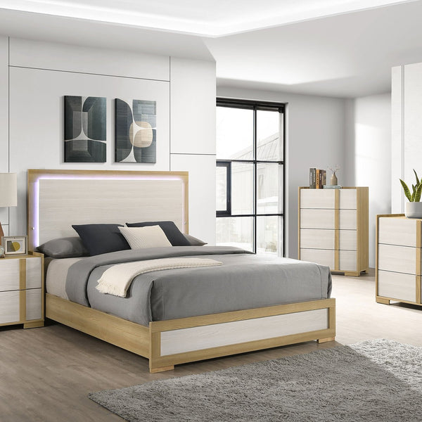 English Elm Lincoln Queen LED Panel Bed with Natural & White Two-Tone Finish, Tap-Lit Headboard, Modern Glow B062S01365