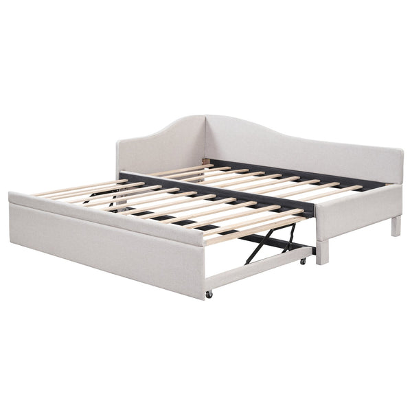 English Elm Twin Upholstered L-Shaped Daybed with Pop-Up Trundle, Space-Saving Guest Bed with Slats Kit and 400lb Capacity Beige SF000193AAA