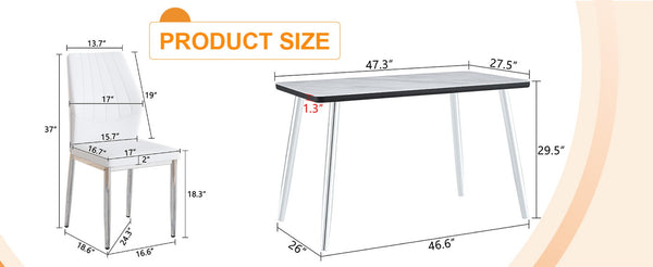 English Elm Table and Chair Set Marble Glass Top Silver Legs White Pu Seating for Modern Dining W1151S04646