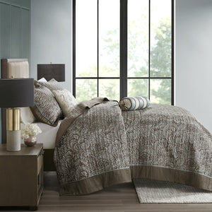 English Elm 5 Aubrey Reversible Jacquard 5-Piece Bedspread Set King with Paisley Weave, Taupe Blue Sheen Accent Blue+Brown 22.83 L x 17.72 W x 12.2 H B03597490