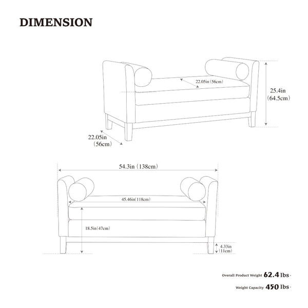 English Elm 54.3"w Boucle Upholstered Bench with Bolster Pillows Pocket Spring Cushion Wood Legs W3188P410646