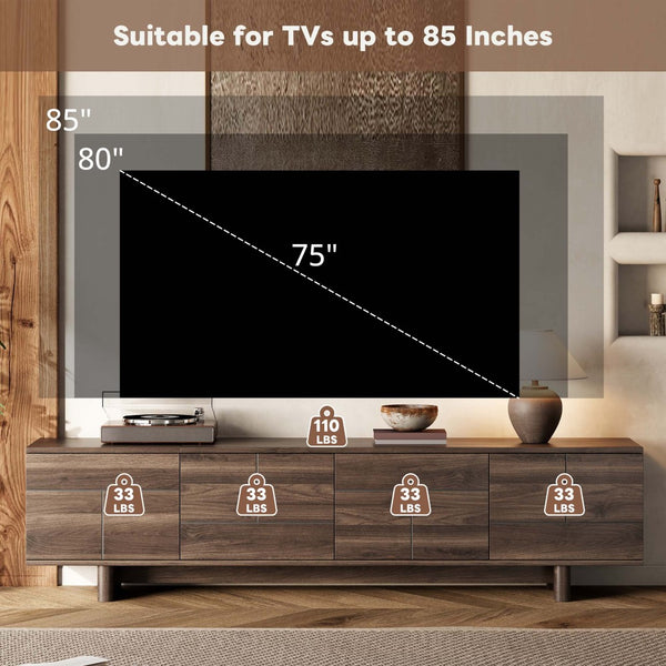 English Elm 78 Inch Low Profile Media Console with Pine Legs Soft Close Doors for Living Room N710P429519Q