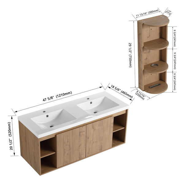 English Elm 48" Wall-Mounted Bathroom Vanity With Double Sink, Storage Rack & Soft Close Doors For Modern Spaces W999S00347