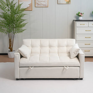 English Elm Sleeper 3-in-1 Velvet Pull-Out Sofa Bed with Adjustable Backrest, Storage Pockets, 2 Pillows, Cream W3138P281697