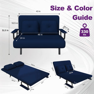 English Elm 46" Wide Corduroy Sleeper Sofa Bed Convertible Folding Chair for Two with Adjustable Backrest Blue W2700P431035