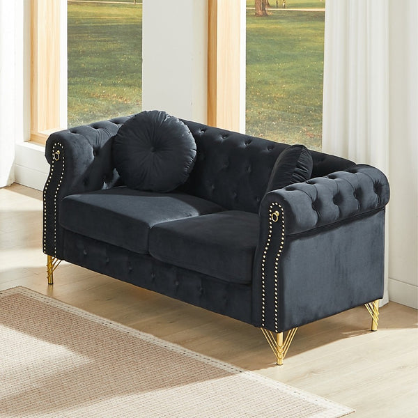English Elm 60.5-inch Crushed Velvet Chesterfield Sofa Tufted Button Design with Copper Stud Trim Black W834S00622