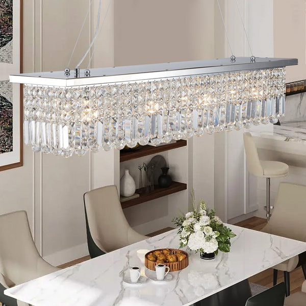 English Elm Modern Crystal Chandelier Rectangular 8-Light Raindrop Pendant for Kitchen Island Dining Room Chrome W2312P368688